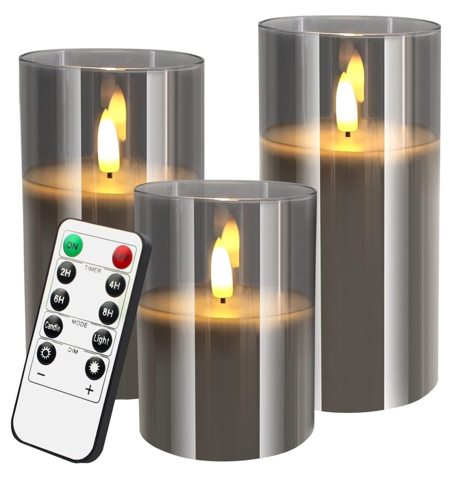 Gray Glass Flameless Candles Set of 3 (D3" X H4"/5"/6") Realistic