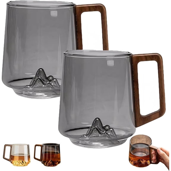 Gray Glass Mountain Bottom Wood Handle Water&Tea Cup, Slanted Coffee Cups, Clear Glass Mugs With Wood Handle For Coffee,2PCS