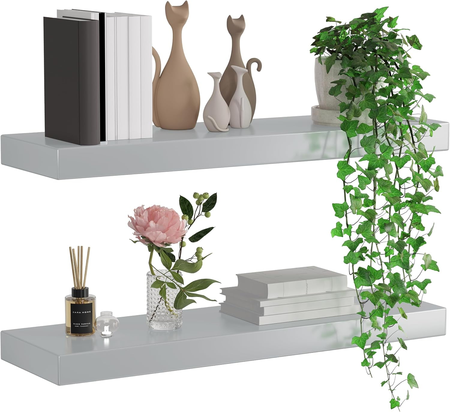 Gray Glossy Finish Floating Shelves for Wall, 23.6'', Bright Solid Wood