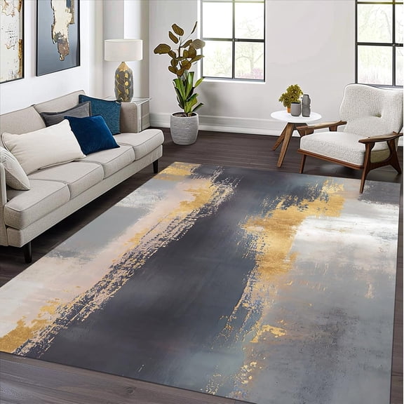 Gray Gold Abstract Area Rugs, Distressed Canvas Design Carpet, Washable Non Slip Low Pile Rug for Living Room Bedroom Farmhouse Guestroom Decor Mat 5x8ft