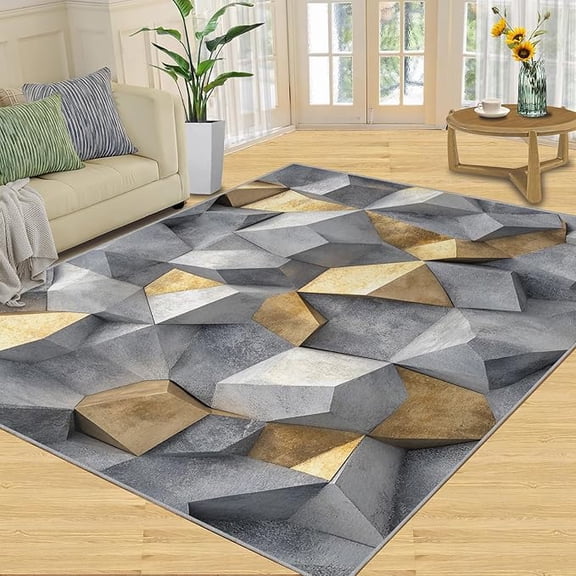 Gray Gold Geometric Area Rug, Geometric Rug, Luxury Abstract Rugs for Living Room, Indoor Non-Slip Rugs, Machine Washable Carpet for Front Entrance Floor Decor 5 x 6ft