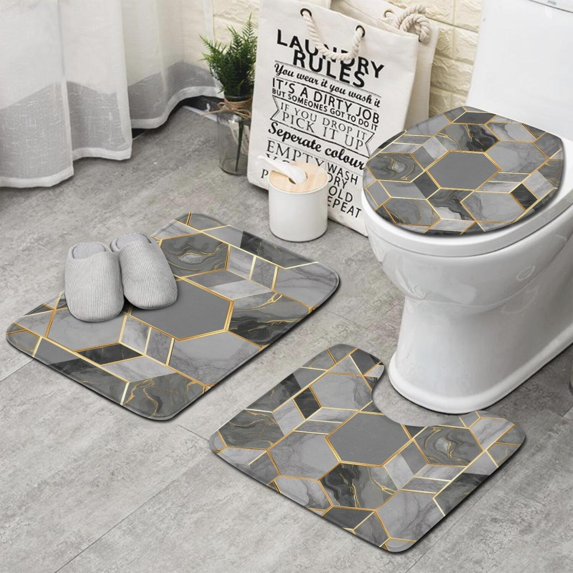 Gray Gold Hexagon Marble Pattern Bathroom Rugs Sets 3 Piece,Toilet Cover Set,Absorbent Non Slip Bathroom Mats Sets with U-Shaped Contour Rug Toilet Rug Set