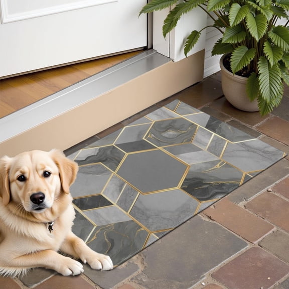 Gray Gold Hexagon Marble Pattern Door Rugs,Washable Non Slip Door Mats Indoor,Decorative Door Mats,Entry Mat Indoor for Entrance,Bedroom,Kitchen,Bathroom,16"x24"