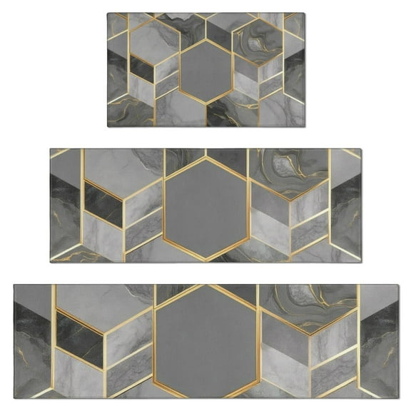 Gray Gold Hexagon Marble Pattern Kitchen Rugs Sets Of 3,Kitchen Runner Rugs Non Skid Washable,Decorative Kitchen Floor Mats for Kitchen,Sink,Laundry,17"x30"+ 17"x47" + 17"x59"