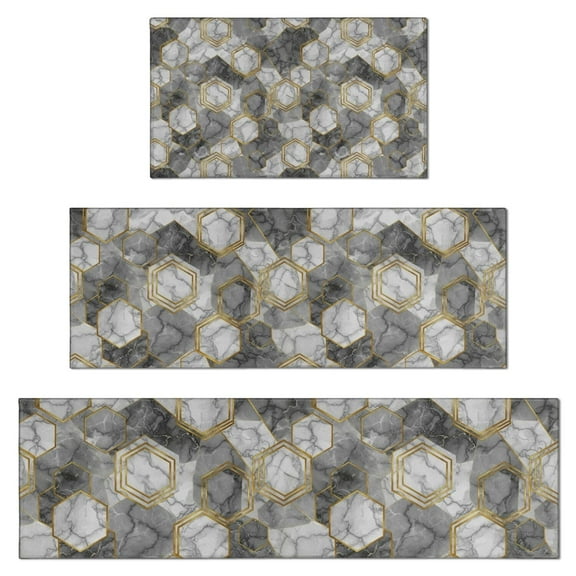 Gray Gold Hexagon Marble Pattern Kitchen Rugs Sets Of 3,Kitchen Runner Rugs Non Skid Washable,Decorative Kitchen Floor Mats for Kitchen,Sink,Laundry,17"x30"+ 17"x47" + 17"x59"