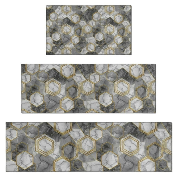 Gray Gold Hexagon Marble Pattern Kitchen Rugs Sets Of 3,Kitchen Runner Rugs Non Skid Washable,Decorative Kitchen Floor Mats for Kitchen,Sink,Laundry,17"x30"+ 17"x47" + 17"x59"