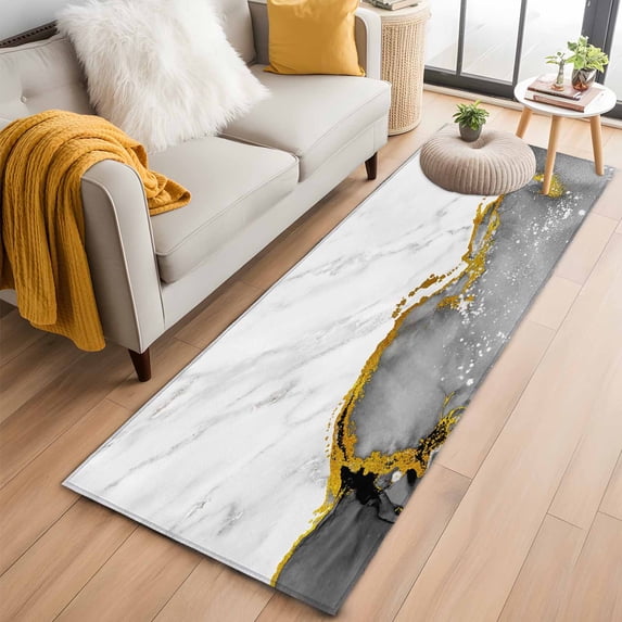 Gray Gold Marble 2'x6' Runner Rug, Modern Abstract Marble Crack Texture Washable Non-Slip Area Rugs for Hallway Kitchen Floor Bedroom Entryway, Long Laundry Carpet Decoration Indoor Mat