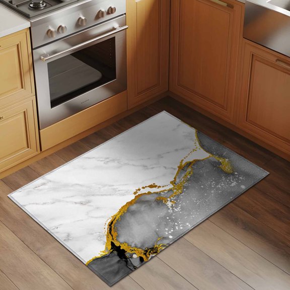 Gray Gold Marble 2x3 Rug for Entryway Front Door Kitchen Sink Area, Abstract Wave Low Pile Washable Non Slip Rectangle Area Rug
