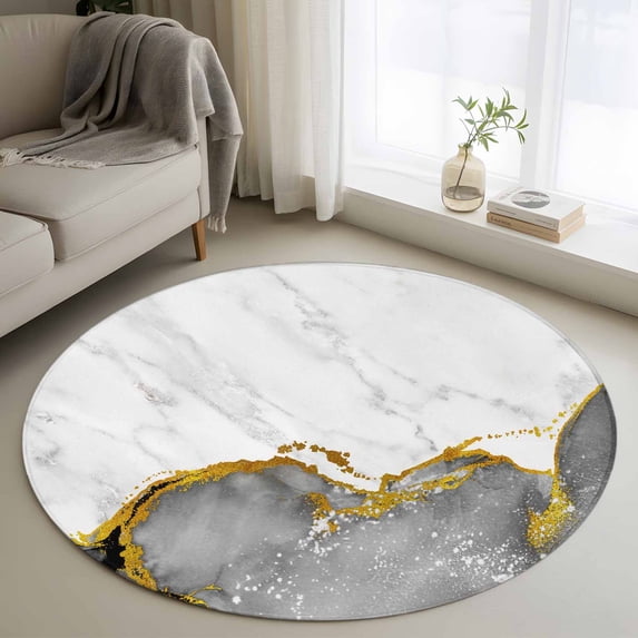 Gray Gold Marble 3ft Area Rug, Modern Abstract Marble Crack Texture Washable Non-Slip Small Round Rugs for Entryway Bedroom Kitchen, Soft Circle Carpet for Dining Room, Playroom Nursery Rug