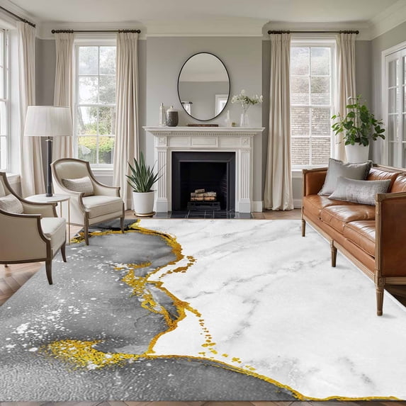Gray Gold Marble 6'x9' Area Rug for Living Room, Modern Abstract Marble Crack Texture Non-Slip Floor Mat Rugs for Bedroom Dining Room, Indoor Large Carpet for Classroom, Nursery Rugs for Playroom
