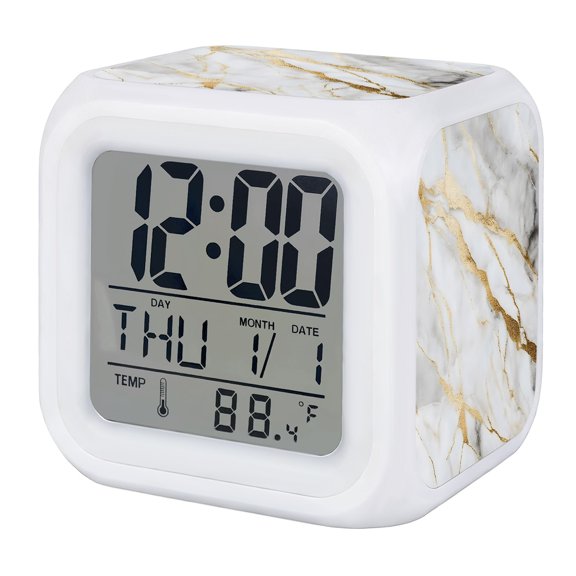 Gray Gold Marble Alarm Clock, Modern Abstract Luxury Ink Texture Digital Clock Night Light with 7 Color, Calendar Temperature Display, LED Desk Small Clock for Bedrooms Bedside Living Room