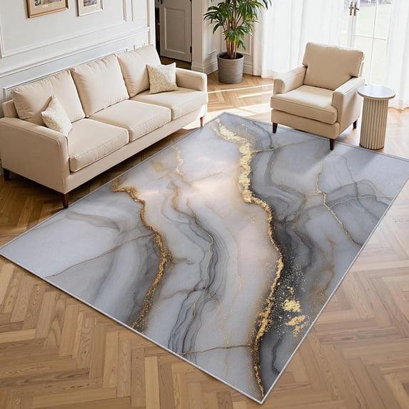 Gray Gold Marble Area Rugs, Modern Abstract Texture Carpet, Washable ...