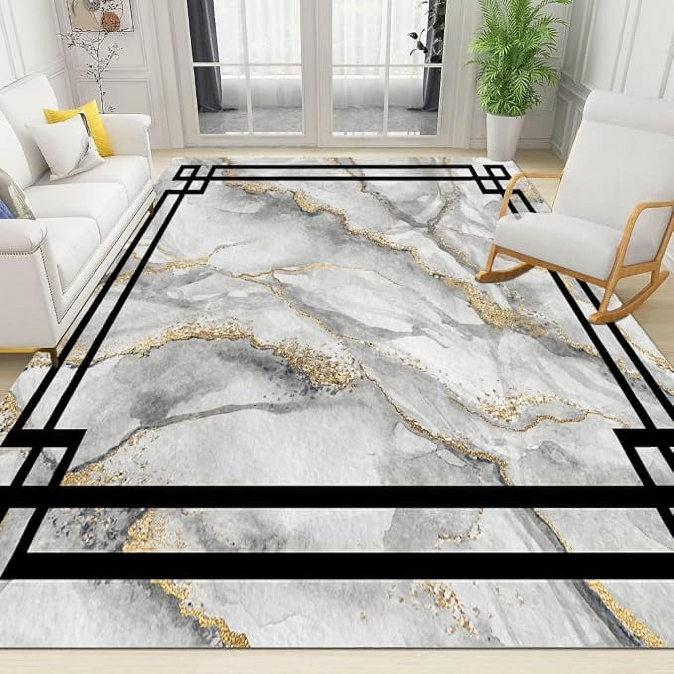 Gray Gold Marble Background Area Rug, Black Lines Rug, Home Office ...