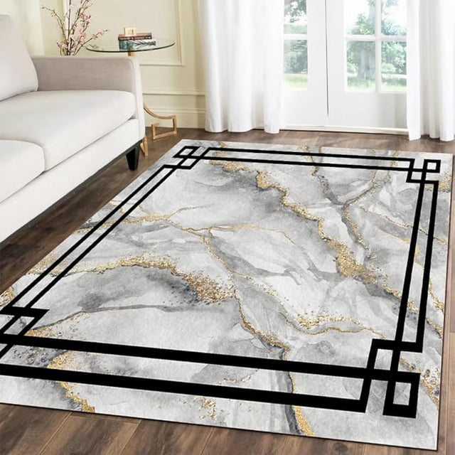 Gray Gold Marble Background Area Rug, Border Black Lines Rug, Home
