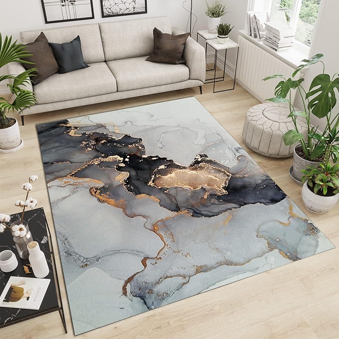 Gray Gold Marble Decorative Area Rug, Modern Abstract Art Home Rug ...