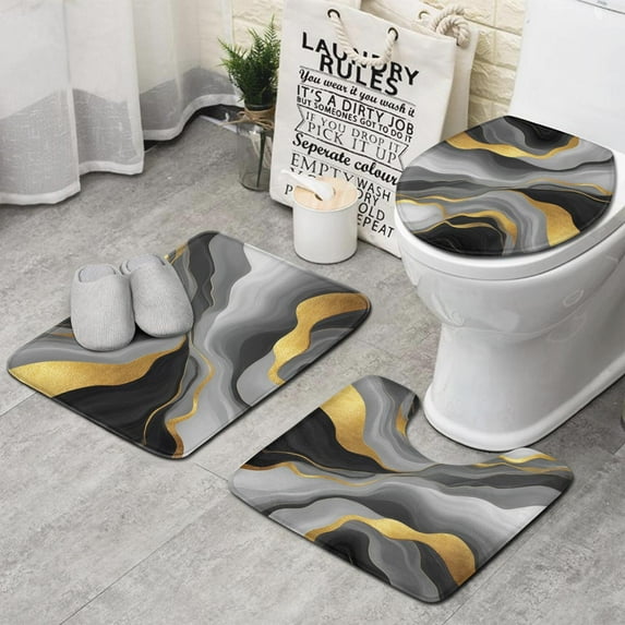 Gray and Gold Marble Gold Dots Pattern Bathroom Rugs Sets 3 Piece,Toilet Cover Set,Absorbent Non Slip Bathroom Mats Sets with U-Shaped Contour Rug Toilet Rug Set