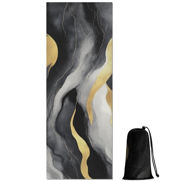 Gray and Gold Marble Golden Lines Pattern Hot Yoga Mat Towel Non Slip for Hot Yoga - Quick-Drying Yoga Mat Cover with 4 Corner Pockets with Travel Bag - Hot Yoga Towel Non Slip 70"x26"