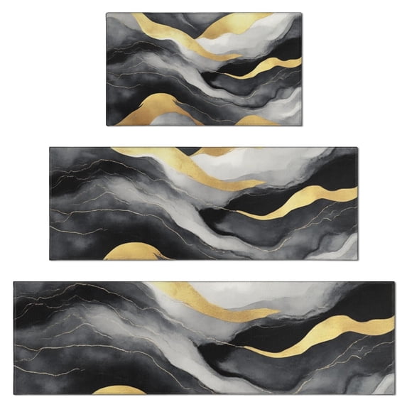 Gray and Gold Marble Golden Lines Pattern Kitchen Rugs Sets Of 3,Kitchen Runner Rugs Non Skid Washable,Decorative Kitchen Floor Mats for Kitchen,Sink,Laundry,17"x30"+ 17"x47" + 17"x59"