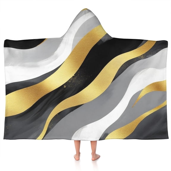 Gray and Gold Marble Ink Waves Pattern Hooded Bath Towel，50"x30" for Ages 3 To 12 Kids, Quick Dry Lightweight Soft Microfiber Hood Beach Towel Cover Up for Kids