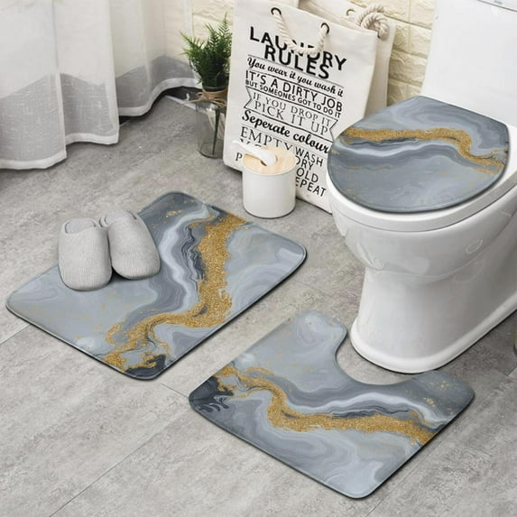 Gray Gold Marble Pattern Bathroom Rugs Sets 3 Piece,Toilet Cover Set,Absorbent Non Slip Bathroom Mats Sets with U-Shaped Contour Rug Toilet Rug Set