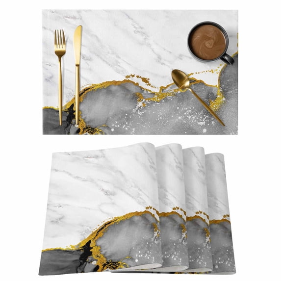 Gray Gold Marble Placemats Set of 8, Modern Abstract Marble Crack Texture Placemats for Dining Table, Place Mats for Kitchen Tabletop, Waterproof Wipeable Dining Table Mats Set