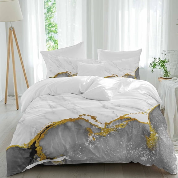 Gray Gold Marble Queen Size Comforter Set, Abstract Wave Modern Luxury Bedding for All Seasons, 4 Pcs Bed Set, 1Quiltcover (90"x92") ,1Sheet(94"x116"), 2Pillowcases (30"x20")