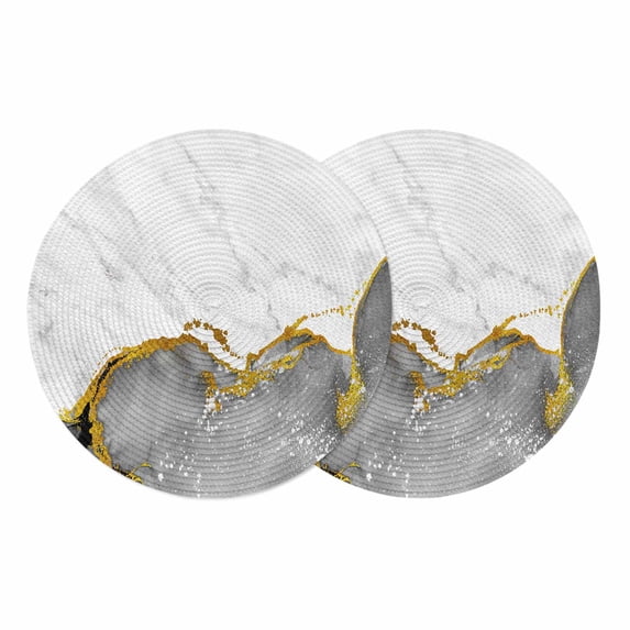 Gray Gold Marble Round 15 Inch Placemats Set of 2, Modern Abstract Marble Crack Texture HeatResistant Non Slip Place Mats for Dining Table, Wipeable Braided Kitchen Table Mats for Housewarming