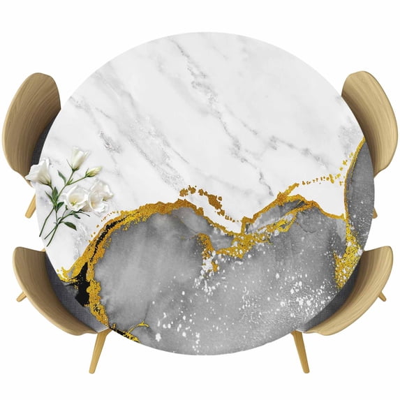 Gray Gold Marble Round Tablecloth, Fitted Table Cover with Elastic for 36"-44" Round Tables, Modern Abstract Marble Crack Texture Table Cloth Outdoor Indoor Dinning Party Waterproof Tablecloths