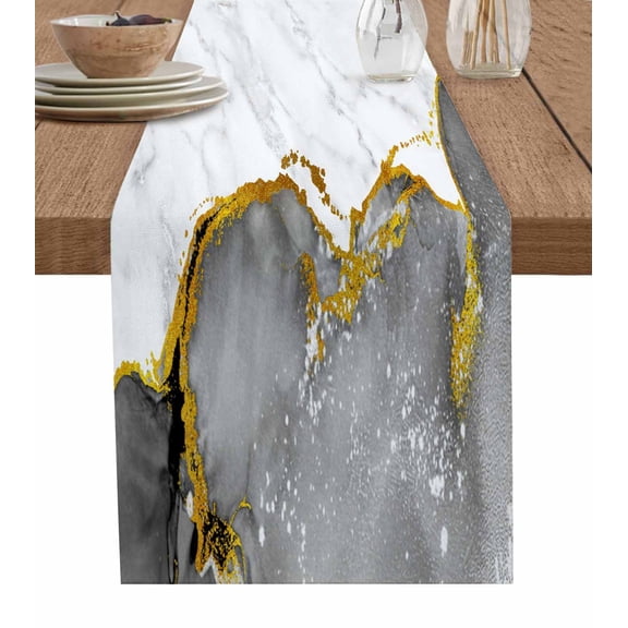 Gray Gold Marble Table Runner 36 Inches, Modern Abstract Marble Crack Texture Bed Runner Dresser Scarves Tabletop for Indoor Outdoor Parties/Ceremony/Banquet, 13"x 36"