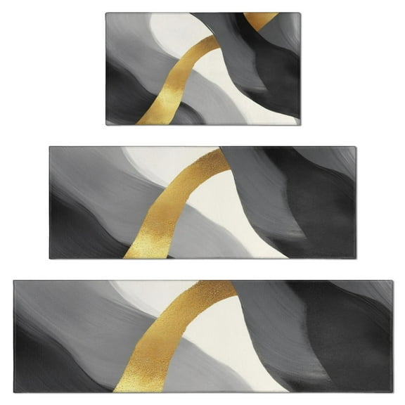 Gray and Gold Marble Wavy Lines Pattern Kitchen Rugs Sets Of 3,Kitchen Runner Rugs Non Skid Washable,Decorative Kitchen Floor Mats for Kitchen,Sink,Laundry,17"x30"+ 17"x47" + 17"x59"