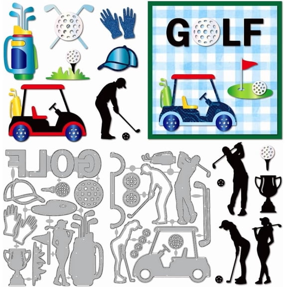 Gray Golf Theme Metal Die Cuts Golf Carts Clubs Cutting Dies Stencil Sport Caps Gloves Embossing Scrapbooking Cuts Template for DIY Scrapbooking Craft Card Making Album Gift Decor