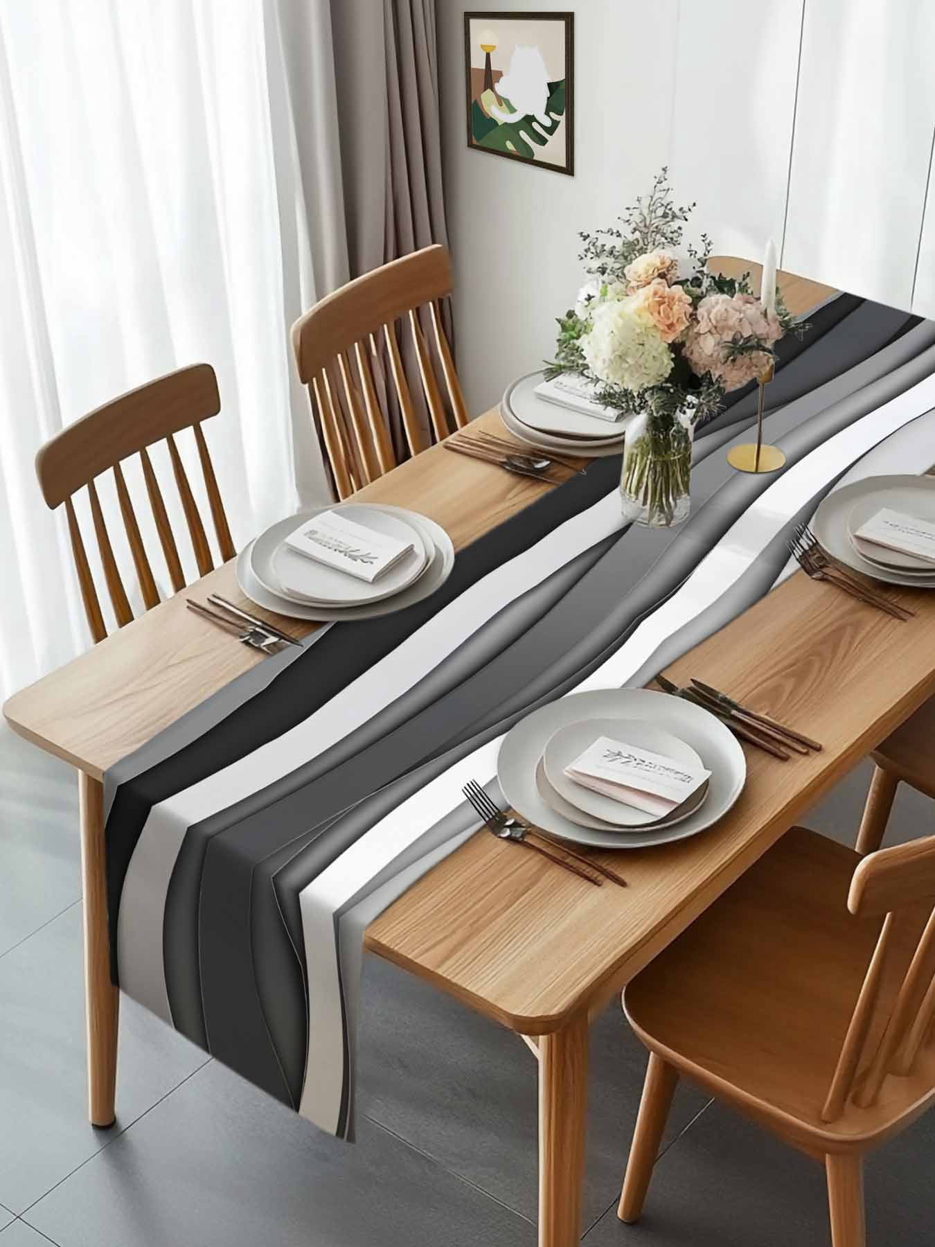 Gray Gradient Abstract Geometric Table Runner 90 Inches Long, Water Ripples Table Runners Tabletop Scarf Kitchen Dining Tables Decoration for Home Party Indoor Outdoor