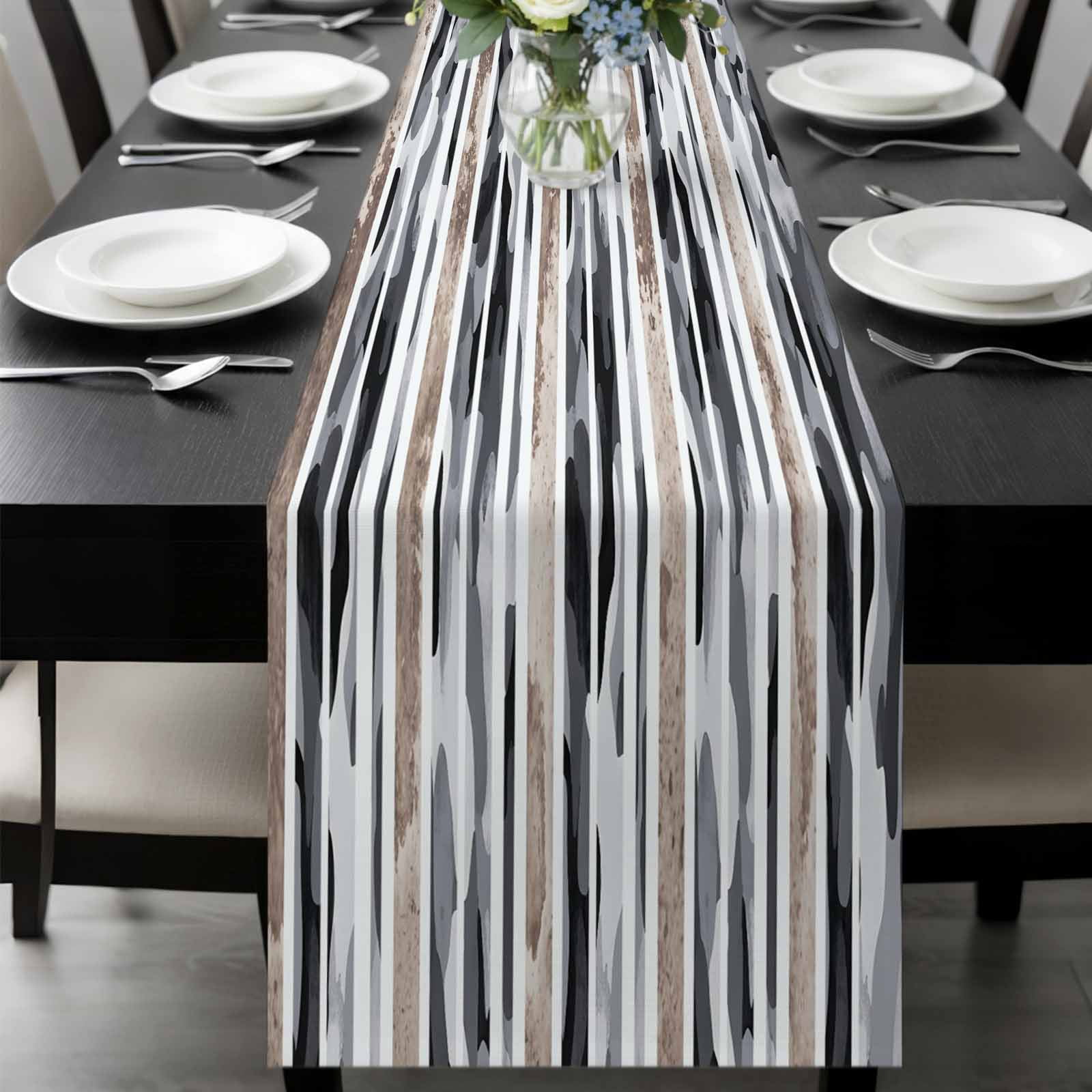 Gray Gradient Camo Table Runner, Abstract Mottled Stripe Vintage Washable Cotton-linen Table Runners Dining Kitchen Decoration for Everyday Home Wedding Party Decor, 13 x 90 Inch