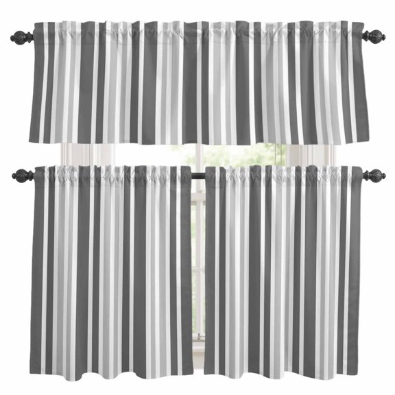 Gray Gradient Kitchen Curtains Valances and Tiers Set of 3 Stripe Minimalist Vertical Stripes Modern Art Tier Curtains and Valance with Rod Pocket for Small Windows, 27.5"x24"