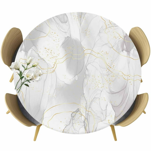 Gray Gradient Marble Round Fitted Table Cover Golden Lines Modern Abstract Waterproof Table Cloth with Elastic Edge Wipeable Tablecloth for Picnic Camping Party Fits 55"-60" Diameter