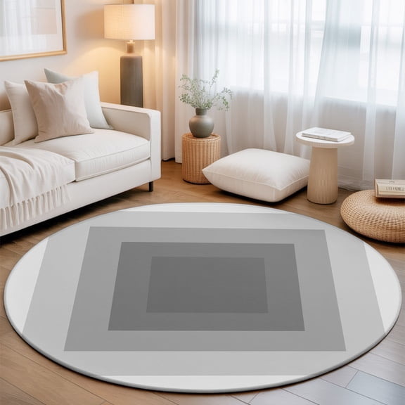Gray Gradient Squares 8' Round Rug for Open Concept Living Room Seating Zone, Softness Layers Zen Geometric Washable Non Slip Large Circle Area Rug