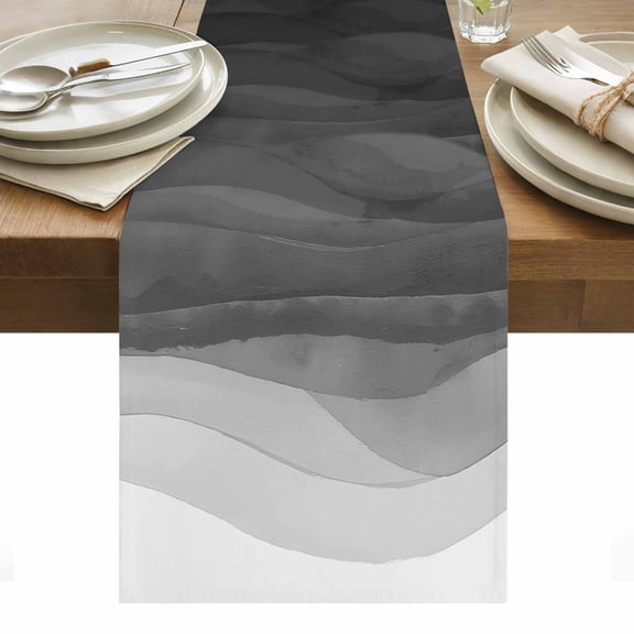 Gray Gradient Table Runner 13 x 70 Inch, Abstract Ocean Wave Washable Cotton Linen Dining Table Runner Tabletop Decorations for Restaurant Home Kitchen Party