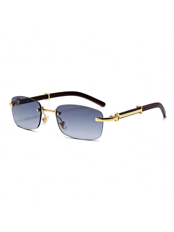 Gray Gradient Tint Vintage Woodgrain Rimless Men Women Gold Frame Rectangle Sun Glasses Vintage Woodgrain Square Shades 90s Retro Unisex Hip Hop Frameless Stylish Designer Wood Arm Sunglasses