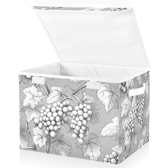 Gray Grapes Leaves Storage Basket for Shelves Foldable Container Organizer for Organizing Toys Clothes Books with Handles
