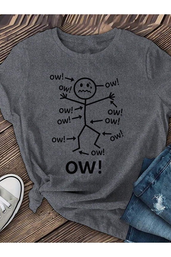 Gray Graphic Mens Crew Neck Short-Sleeve T-Shirt With Stick Figure OW! Print
