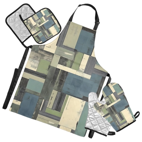 Gray Green Abstract Art Oven Mitts and Pot Holders with Chef Apron Set 5 Pcs Kitchen Cooking Set