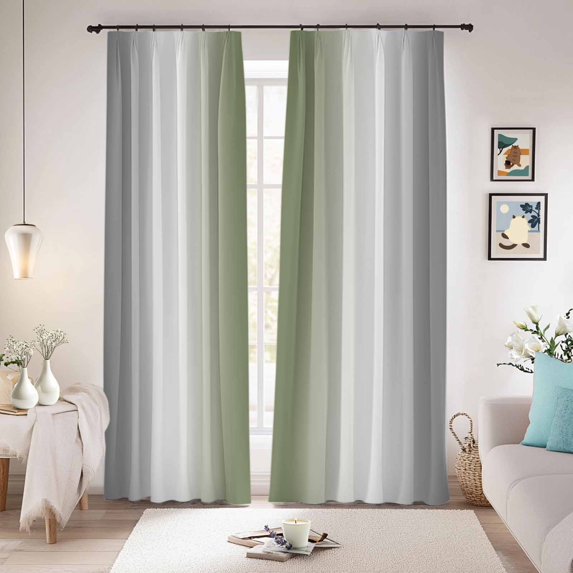 Gray Green Blackout Curtains for Bedroom/Living Room, Pinch Pleated Black Out Curtains, Modern Gradient Geometric Room Darkening Window Drapes with Hooks 2 Panels, 59"x70"