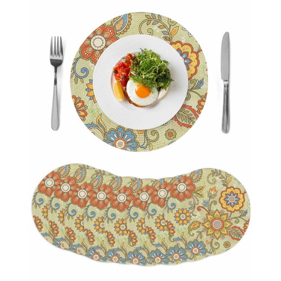 Gray Green Boho Floral Round 13 Inch Placemats Set of 8, Vintage Abstract Art Ethnic Flowers HeatResistant Non Slip Place Mats for Dining Table, Wipeable Braided Kitchen Table Mats for Housewarming
