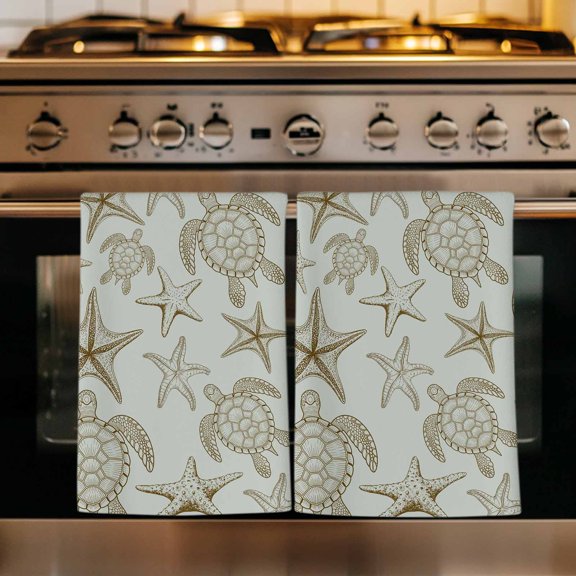 Gray Green Coastal Kitchen Towels Set of 1, Summer Beach Ocean Sea Turtle Starfish Absorbent Dish Towels for Kitchen, Microfiber Hand Towel, Quick Drying Tea Towel for Cleaning Decorative Dishcloths