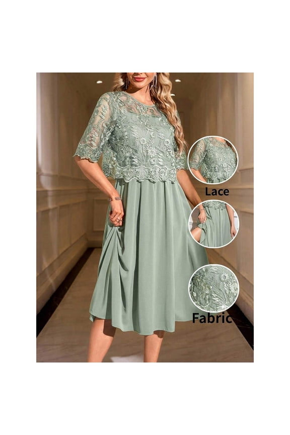 Gray Green Elegant Sheer Embroidered Lace Overlay A-Line Midi Dress With 3/4 Sleeves