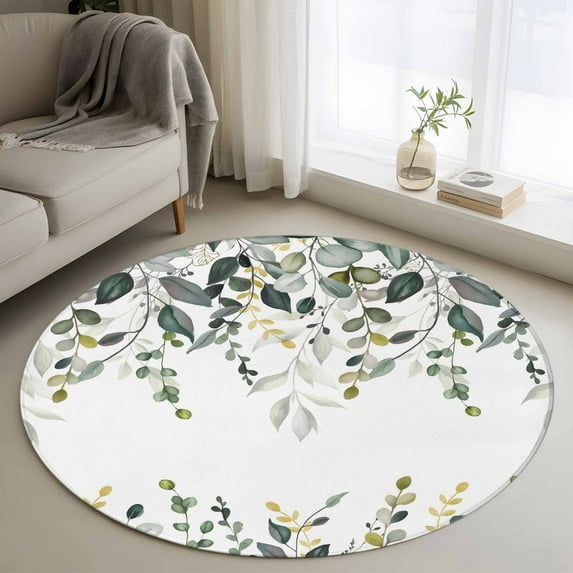 Gray Green Eucalyptus Leaves Round Rugs 3.3ft, Farmhouse Botanical Watercolor Non Slip Washable Rug Runner, Low Pile Indoor Floor Carpet Mat Bathroom Rugs for Living Room, Bedroom, Kids Room