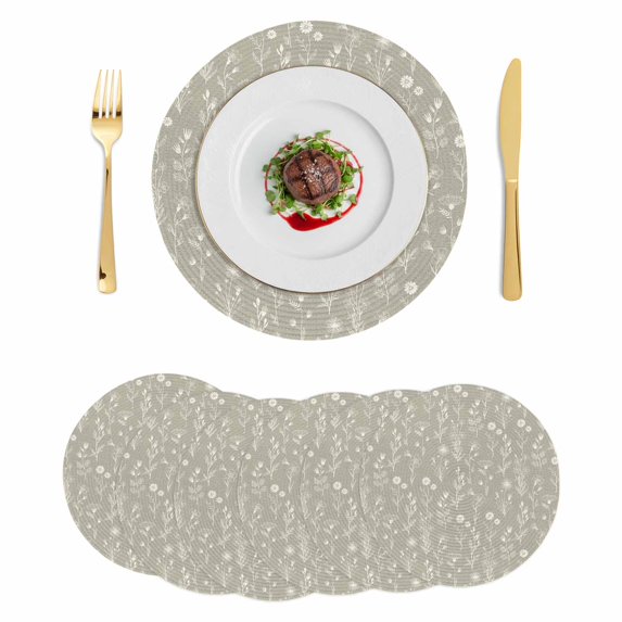 Gray Green Flowers Round 15 Inch Placemats Set of 6, Spring Summer Farmhouse Botanical HeatResistant Non Slip Place Mats for Dining Table, Wipeable Braided Kitchen Table Mats for Housewarming