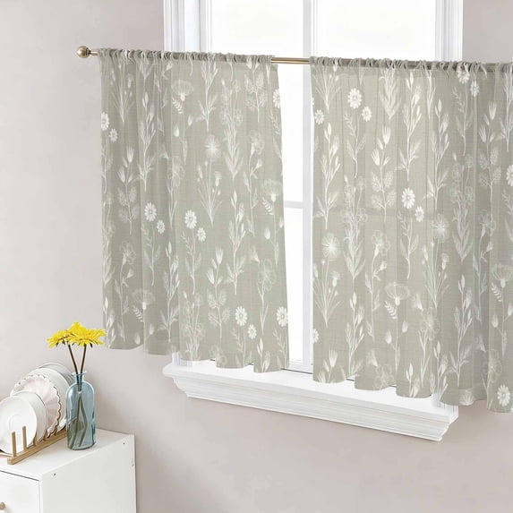 Gray Green Flowers Sheer Curtains 45 Inch Length 2 Panels Set, Spring Summer Farmhouse Botanical Voile Window Treatment Rod Pocket Small Kitchen Curtains Drapes for Bedroom 52"x45"x2