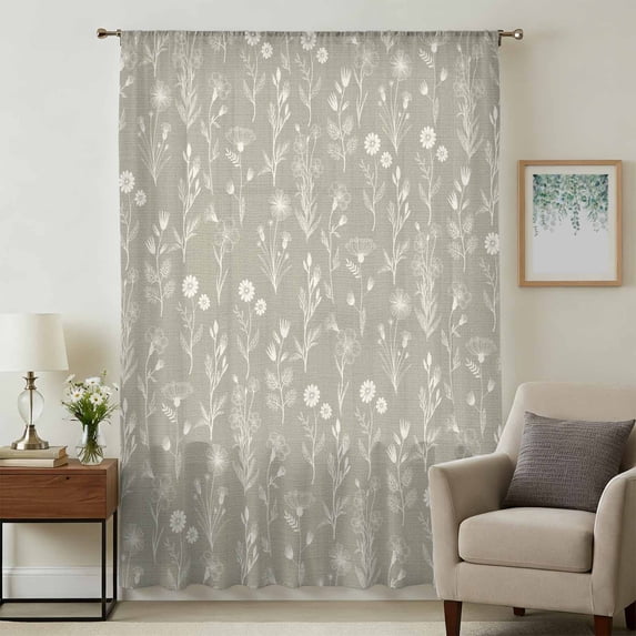 Gray Green Flowers Sheer Curtains 54 Inches Long, Spring Summer Farmhouse Botanical Light Filering Curtains, Breathable Simi Curtain Privacy Drapes for Kitchen Bathroom Nursery Small Window Treatment