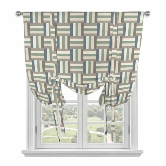 Gray Green Geometric Tie Up Curtain for Window, Modern Abstract Art Striped Plaid Woven Texture Adjustable Tie Up Balloon Curtain Valances Rod Pocket Window Treatment for Kitchen Bedroom 42"x54"